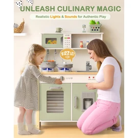 Babytronic Kids Play Kitchen, Wooden Kitchen Playset for Kids Ages 3+ with Real Lights, Sounds, Stove, Sink, Oven, and 30 Pcs Accessories, Toys Kitchen Small Pretend Play Kitchen for Toddlers (Green)