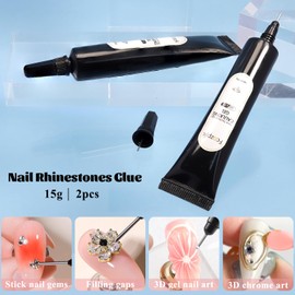 Fcozpjk Nail Rhinestone Glue with Precision Tip, 2Pcs 15g Super Strong Adhesive Charm Glue Stick Gems Crystals Rhinestone Beads Flower Decorations 3D Gel Art Design UV/LED Cured Need Home Manicure