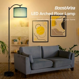 Montage Mid Century Arched Floor Lamp with Green Linen Shade, E26 Socket, Footswitch - Perfect for Living Room, Bedroom or Office