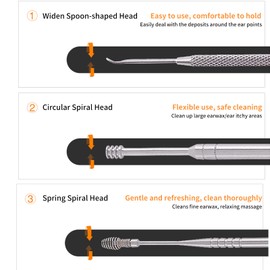 HEEPDD Ear Spoon 6 Pieces Stainless Steel Curette Ears Palm Removal Set, Bag, Storage Tube, Keychain for Ears Cleaning, Body Scrub