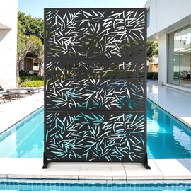 Metal Privacy Screen for Outdoor & Indoor Use, Free Standing Privacy Screen for Patio Garden Pool, 72" H x 47" W Decoative Privacy Panels, Weather Resistant, Easy Assembly (Black Bamboo Leaf)