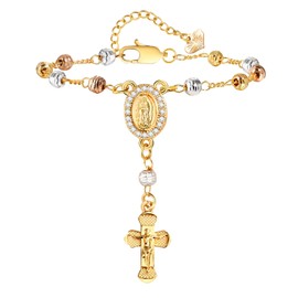 Catholic Gifts Rosary Bracelet for Women-14K Gold Virgin Mary Rosary Jesus Cross Charm Link Chain, Dainty Virgen de Guadalupe Religious Gift for Confirmation Baptism First Communion Easter