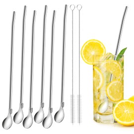 Vortify Pack of 6 Silver Stainless Steel Straw Spoons, 2 in 1 Straws Spoon with 2 Cleaning Brushes, Reusable Metal Straw for Latte Macchiato, Milkshake, Cocktail, Coffee