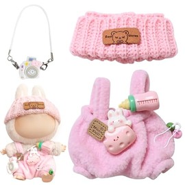 HTTDSLF Clothing Compatible with LBB Dolls, Matching Clothing for the La-pu-bu Toy, 17 cm Large Clothing for Bu Bu Doll, Jumpsuit with Adjustable Straps, Hat, Glasses, Flower Bag (Rabbit)