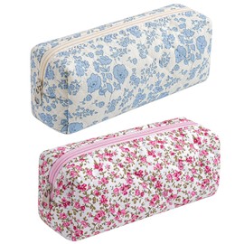 HHQQWZ Cute Floral Cotton Makeup Brush Cosmetic Bag for Women, Travel Quilted Zipper Make Up Bag, Flowers Toiletry Organizer Case Kawaii Makeup Cosmetic Travel Cloth Pouch (Blue+Red Floral)