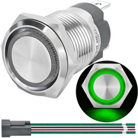 UL Listed 15Amp Latching Push Button Switch 16mm 5/8" Waterproof IP67 12V-24V Green Led Light SPST 1NO with LED Angel Eye Head 304-Stainless Steel with Wire Socket