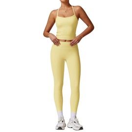 ABOCIW Workout Sets for Women 2 Piece Padded Sports Bra Tank Top High Waist Leggings Sets Active Gym Yoga Work Out Clothes Yellow X-Small