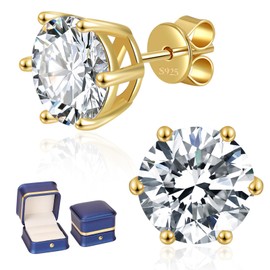 Moissanite Stud Earrings for Women Men, 0.6-6CT 18K Gold Plated Sterling Silver Six Prong Moissanite Earring, D Color Round Cut Lab Created Moissanite Earrings (Yellow Gold Plated, 6.5mm (2cttw, 1 carat each))