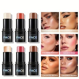 6pcs Face Makeup Stick Set with Highlighter, Contour and Blush, Waterproof and Sweatproof, Long-Lasting, Easy to Contour the Face