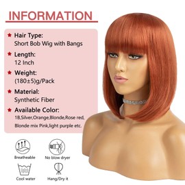 12 Inch Short Bob Wig with Bangs Copper Red Wig Natural Synthetic Short Bob with Fringe Heat Resistant Hair Fiber Wigs for Woman Cosplay Party Costumes