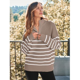 LILLUSORY Women's Quarter Zip Striped Oversized Sweater Mock Turtleneck Pullover Fall Fashion Outfit Winter Trendy Clothes Nutmeg White M
