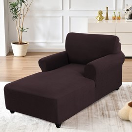 Fitted Chaise Lounge Couch Cover - Double Arm, Stretch Slip Cover - Washable Furniture Protector (Brown, Small Checks)