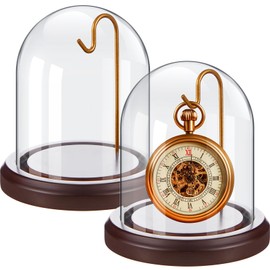 Beeveer 2 Pcs Watch Ornament Glass Display with Hooks Dome Cloche with Wood Base Decorative Glass Display Dome Showcase for Watch Plants Medals Photos Collectibles Dark MDF Base (Gold Hook,3" X 4")