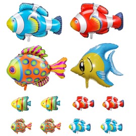 12PCS Fish Foil Balloons Under The Sea Clownfish Tropical Fish Bubble Fish Foil Balloons Sea Animal Creature Balloons for Under The Sea Ocean Themed Party Decoration