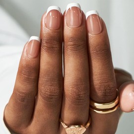 24Pcs French Tips Press on Nails Short Square Fake Nails with Ink Flower Designs Reusable Acrylic Nails Glossy White Nail Tips Glue on False Nails Full Cover Stick on Nails for Women Girls