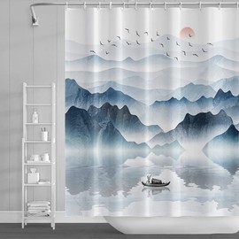 SDOTPMT 48x72 Inch Mountain Landscape Shower Curtain Lake Wooden Boat Red Sun Wild Goose Nature Scenery Foggy Modern Oil Painting Bath Curtain Fabric Polyester Bathroom Curtain with Hooks