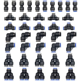 40pcs Push to Connect Fittings Quick Release Pneumatic Connectors Air Line Fittings Air Quick Water Pipe Push in Hose Couping 10 Splitters 10 Elbows 10 Tee 10 Straight Tubes(Black and Blue,6mm)