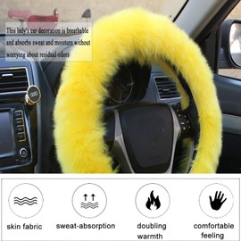 YSLSLOO 1 Set 5 Pcs Fluffy Steering Wheel Cover Set & Handbrake Cover & Gear Shift Cover Set & Seat Belt Shoulder Pads Car Interior Furry Steering Wheel Covers Fit for 15 Inch (Yellow)