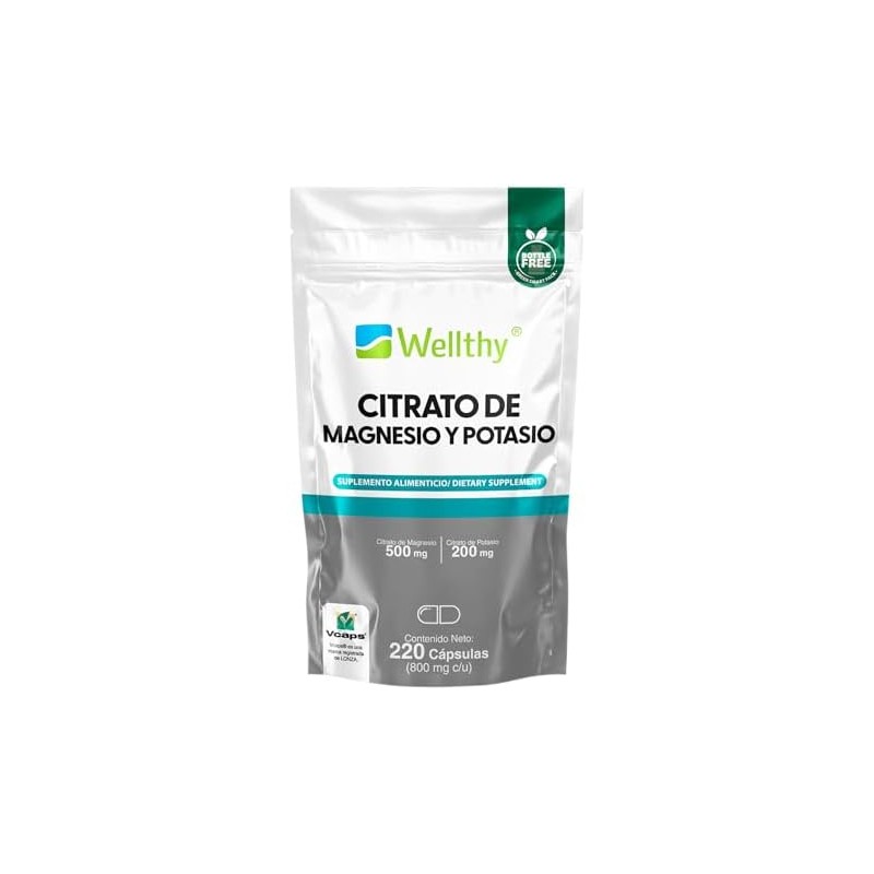 Wellthy Citrato de Magnesio y Potasio 220 Cápsulas. Tomar Sólo