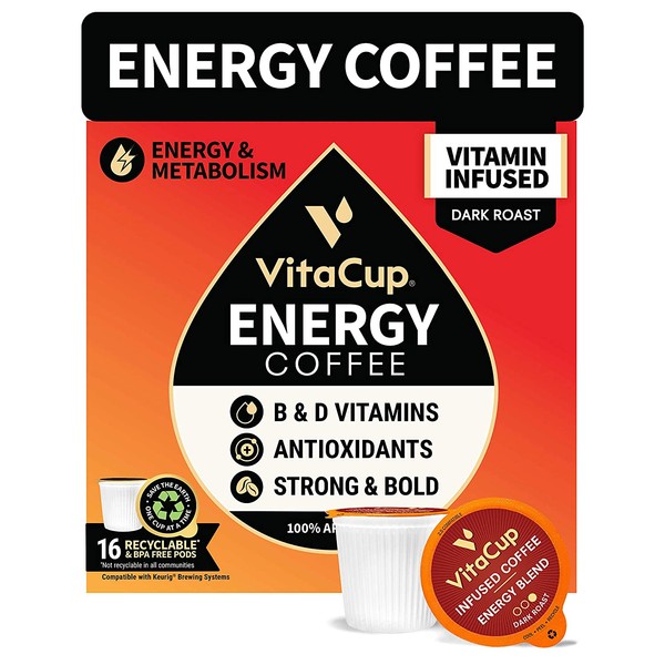 VitaCup Dark Roast Coffee Pods with Vitamin B1, B5, B6, B9, B12 & D3 Infused for Energy & Metabolism in Recyclable Single Serve Pod Compatible with K-Cup Brewers Including Keurig 2.0, 16 Count