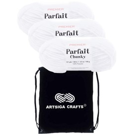 Premier Yarns Parfait Chunky White 1150-01 (3-Skein) Same Dyelot Weight S Bulky #6 Soft Knitting Yarn 100% Polyester Bundle with 1 Artsiga Craft Bag