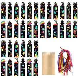 CPJJ Christmas Scratch Pictures for Children, Craft Set Christmas Rainbow Scratch Pictures with 36 Strings, 12 Bamboo Pens and 36 Colourful Ropes Christmas Small Gifts