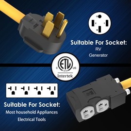 [240V to 120V] 50 Amp to 20 Amp 110 Adapter With Circuit Breaker RV Generator Cord Distribution NEMA 14-50 to 4X 5-15R/5-20R T-Blade Multiple Use ETL Listed 1.5 FT Household Outlet
