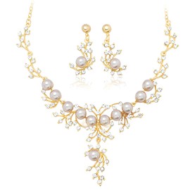 FCLEIH Jewelry Set for Women, Pearl Necklace Dangle Earrings Set Allergy Free Wedding Party Jewelry for Bridal Bridesmaid (Gold)