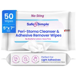 Safe n’ Simple Resealable Adhesive Remover Wipes for Skin - 50 Large 5"x7" No Sting Alcohol Free Medical Adhesive Remover Pads for Ostomy, Stoma Care - Gentle Adhesive Removal Wipes for Bandages, Tape