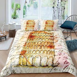 Leaning Tower Of Pisa Duvet Cover Paris Tower Bedding Set for Kids Boys Girls Letter Comforter Cover Watercolor Yellow Pink Bedding & Linen 3Pcs Double Size