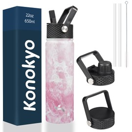 Konokyo 22oz Stainless Steel Water Bottles With 3 Lids Sport Insulated Water Bottle,Marble Blossom