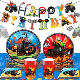 46 PCS Monster Trucks Birthday Decoration Monster Trucks Party Supplies Monster Trucks Party Plates and Napkins Monster Trucks Tablecloth Monster Trucks Birthday Banner