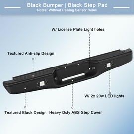 KUIPERAUTO Black Rear Step Bumper Assembly Compatible for 1995-2004 Toyota Tacoma Pickup with LED Square Light Steel Complete Back Bumpers