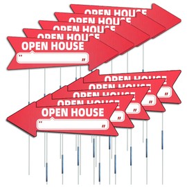 Open House Red Double - Sided Yard Sign with Arrows, 16" x 5" Inch, 12 Pcs 13.8" Stakes and 6 Stainless Steel Connectors – 2 Stakes Connect to 27.6" Tall Poles for Better Visibility (10)