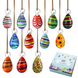 HDCRYSTALGIFTS Set 12 Blown Glass Easter Tree Ornaments, Multicolored Mini Hanging Glass Eggs Decor for Tree Basket DIY Crafts Easter Party Favors