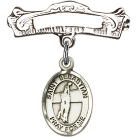 Sterling Silver Baby Badge with St. Sebastian/Volleyball Charm and Arched Polished Badge Pin 7/8 X 7/8 inches