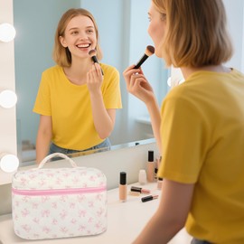 URSKYTOUS 3Pcs Makeup Bag Quilted Cotton Cosmetic Bags for Women Large Small Pink Bow Makeup Pouch Set Cute Coquette Floral Travel Bags Portable Skincare Toiletry Bag Vintage Puffy Essential Organizer