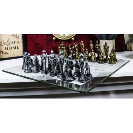 Ebros Gift Medieval Warfare Age Of Knights & Kings Resin Chess Pieces With Glass Board Set