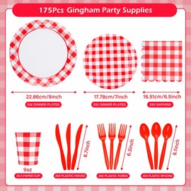 175Pcs Red Gingham Party Supplies Gingham Paper Plates and Napkins Cups Plaid Party Plate Disposable Red and White Checkered Plates for Christmas Birthday Family Picnic BBQ ，Serves 25