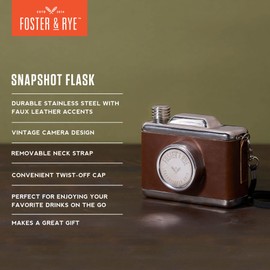 Foster & Rye Snapshot Flask - Hidden Flasks for Liquor - Camera Vintage Flask - Hip Flask Holds 11oz - Stainless Steel Set of 1