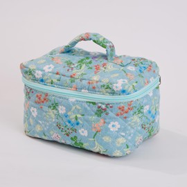 Sparkle Being Wildflower Floral Quilted Cotton Cosmetic Zipper Pouch, Large Capacity Makeup Accessories Storage Bag for Women Girls, Aesthetic Coquette Travel Toiletry Organizer (Set of 3)