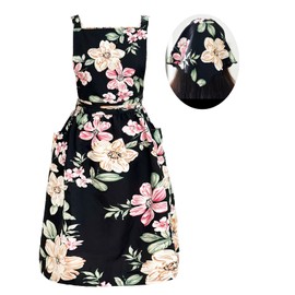 Vintage Pinafore Floral Apron Dress with Headscarf Set Adjustable Cross Back with Pocket for Kitchen Baking Gardening, Black Flower, Medium