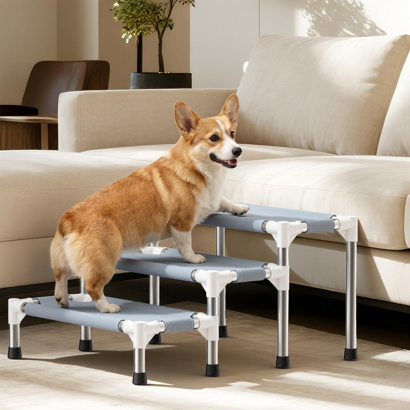 13 Inch 3-Tier Dog Stairs, Cotton Fabric Steps with Non-Slip