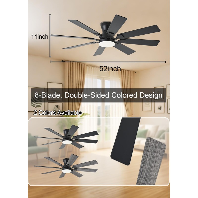 JSAITEE 52 inch Ceiling Fan with Light, 8 Speeds Reversible