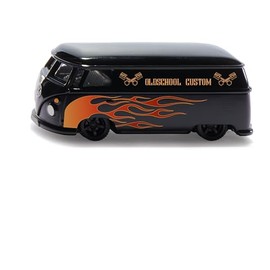 siku 2363, VW T1 Transporter Custom, 1:50, Toy Car, Metal/Plastic, Black/Orange, Trailer Hitch, Elaborate Printing, Doors for Opening