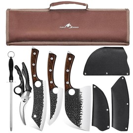 Purple Dragon 3 PCS Kitchen Knives Set, High Carbon Steel Hand Forged Meat Boning Butcher Knife, BBQ Camping with BlackFriday Gift Blade Block