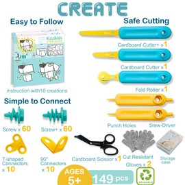 Kizzikids Cardboard Cutting Tools for Kids with Tool Box, 149 PCS Cardboard Construction Kit for Family & Team Activities, Creative STEM Educational Toys Gift for Boys and Girls Aged 5+