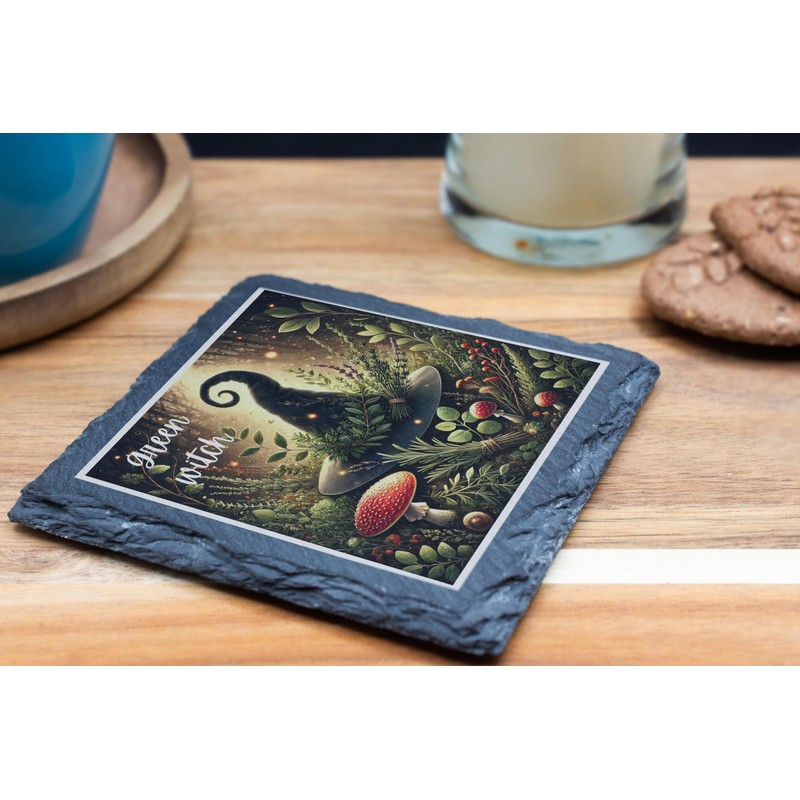 Green Witch Slate Coaster – Mystical Herb and Nature Design