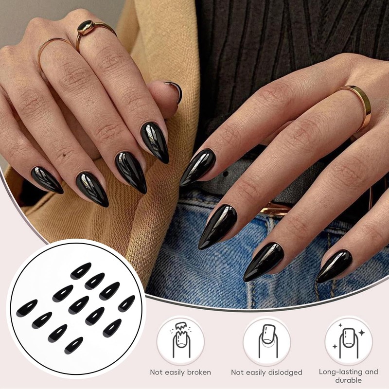 OuryTech Press on Nails Black, 24 Pieces All Black Medium