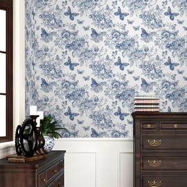 REDAMANCY Vintage Blue White Butterfly Flowers Peel and Stick Wallpaper Stick on Contact Paper Vintage Wall Paper Easy Peel Off for nightstand Drawer Cabinet Renter